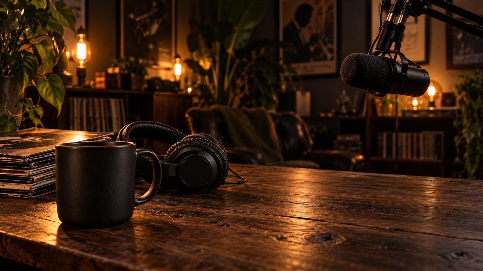 Headphones, records and a coffee mug in the warm studio