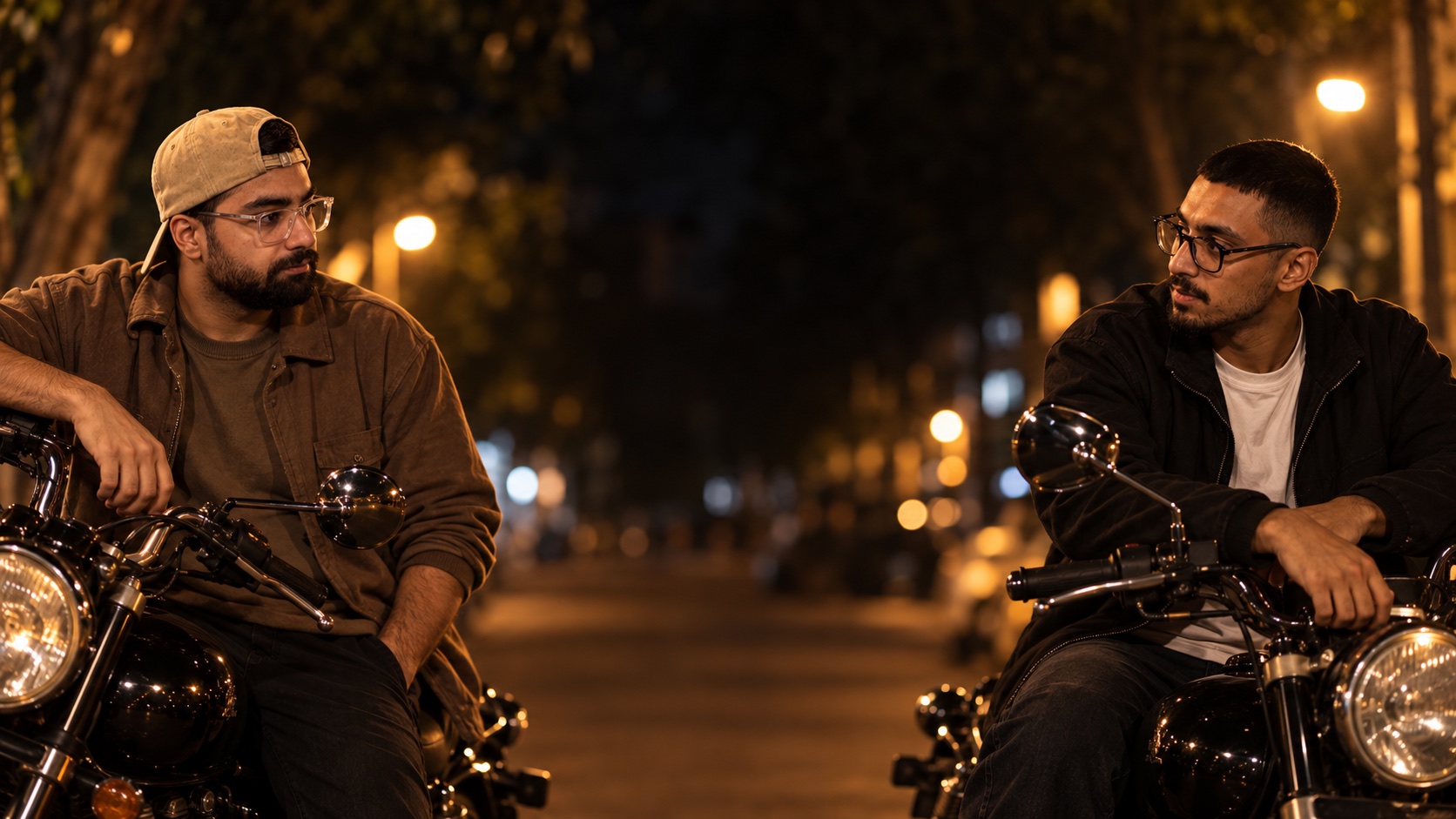 Aria on the left and Aryan on the right, with motorcycles under warm streetlights